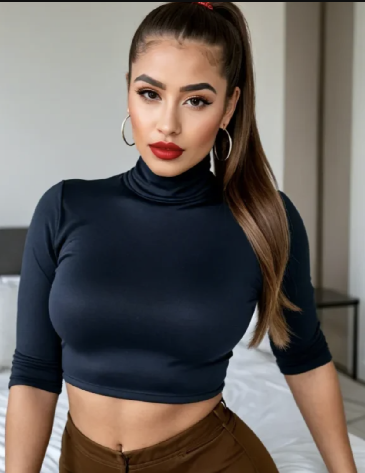 Adult Latina AI character Bianca in elegant dark styling